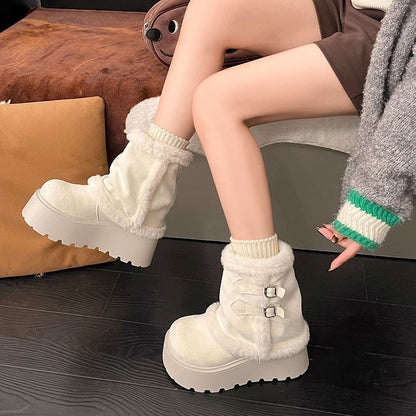 Damen Stiefeletten Flauschig Warm Schnallen Detail - BerlinGlamour