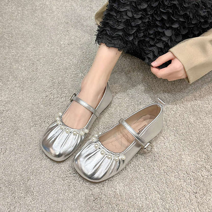Damen Ballerinas Elegante Riemchen Schuhe Perlmutt Detail