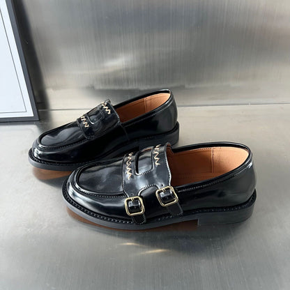 Damen Mokassins Elegante Schnalle Schuhe Glanzleder Schwarz