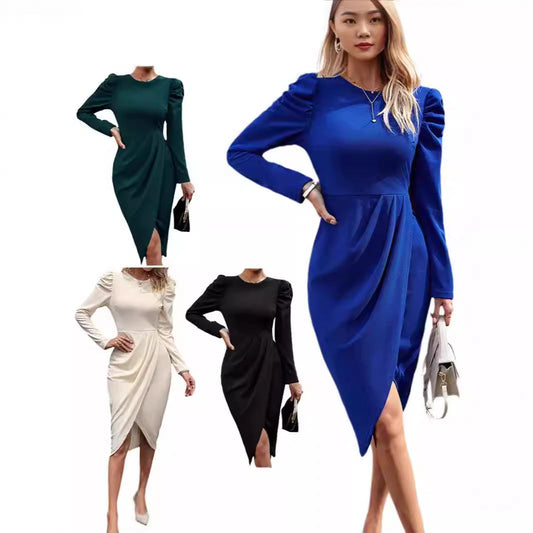 Elegantes Damen Wickelkleid mit Puffärmeln und Asymmetrie - BerlinGlamour