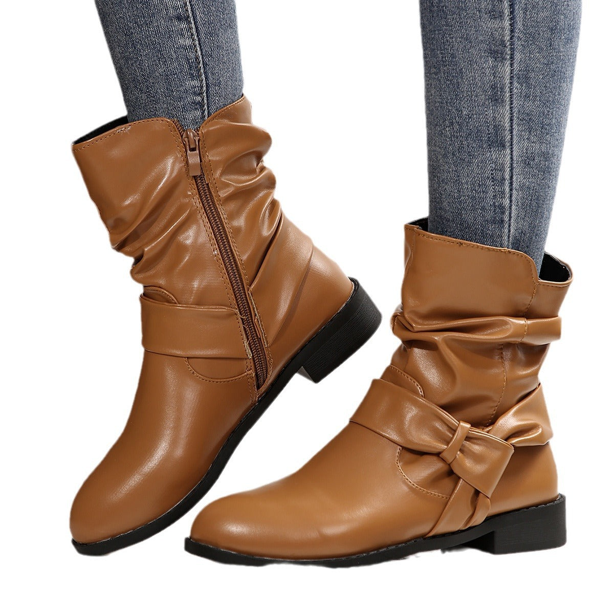 Damen Stiefeletten Modisch Falten Design Schleifenverschluss