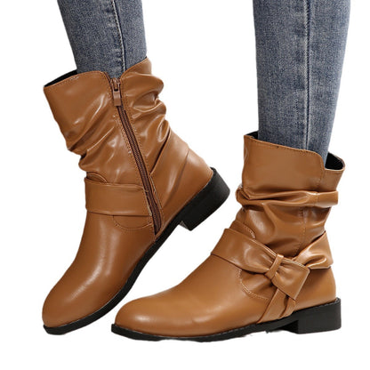 Damen Stiefeletten Modisch Falten Design Schleifenverschluss