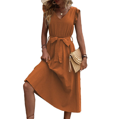 Damen Kleid Midi Tailliert mit Rüschen und Gürtel
