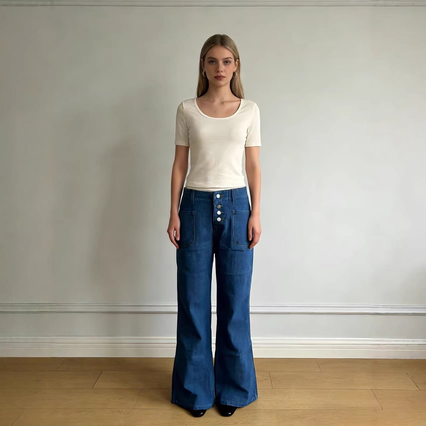 Damen Jeans Bootcut High Waist Knopfleiste - BerlinGlamour