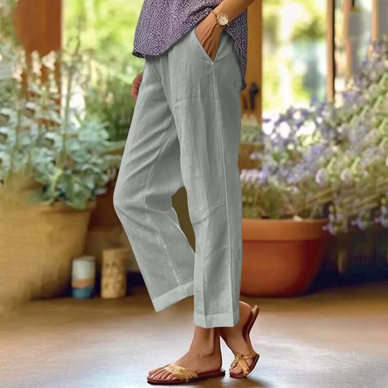 Damen Leinenhose Weit Bequem Mit Taschen