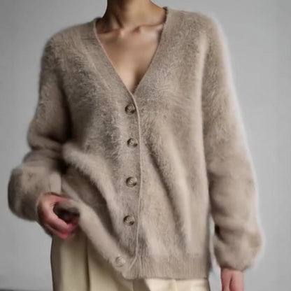 Damen Strickjacke Flauschig V-Ausschnitt Große Knöpfe