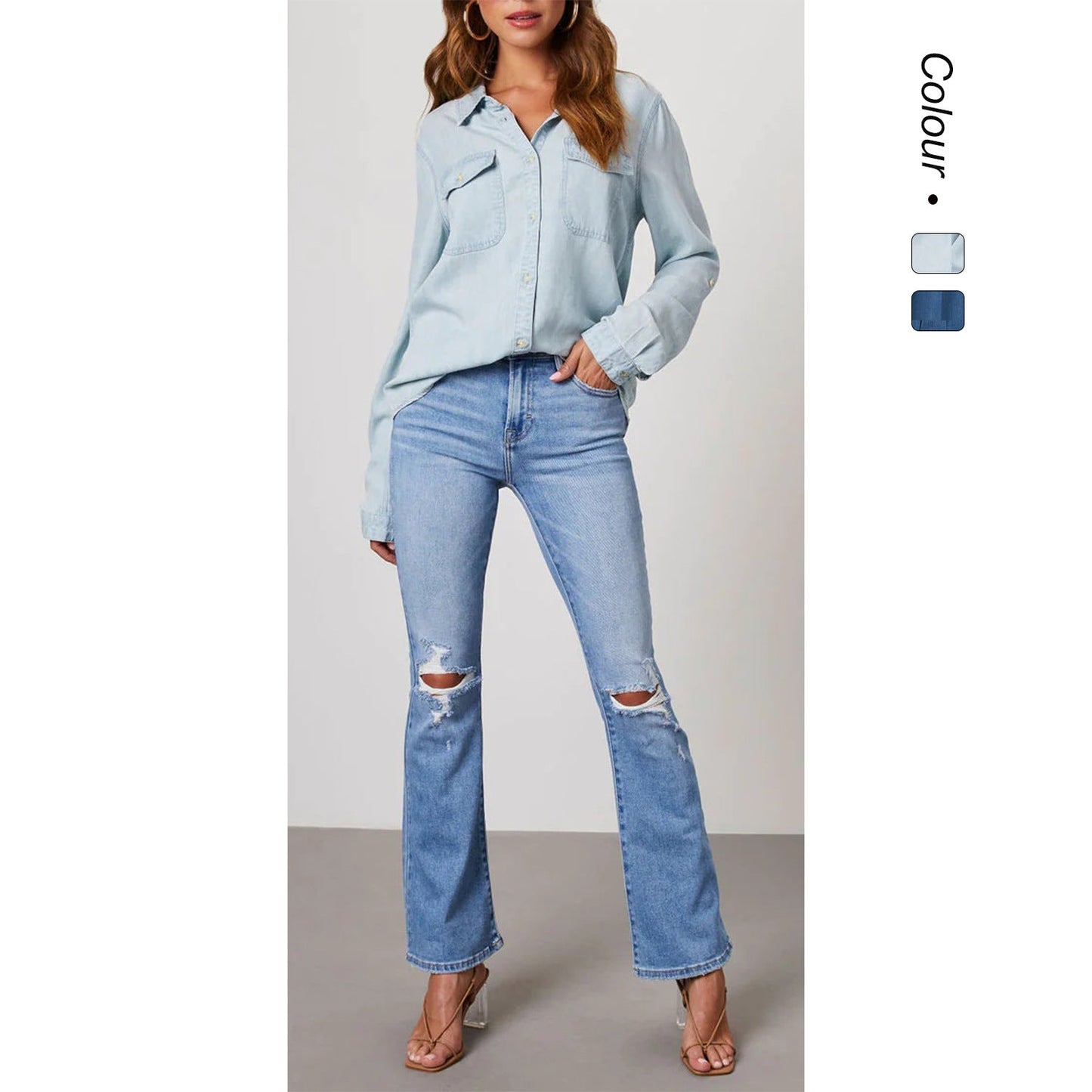Damen Denim Hemd Umschlagbare Ärmel Zwei Taschen Modern - BerlinGlamour