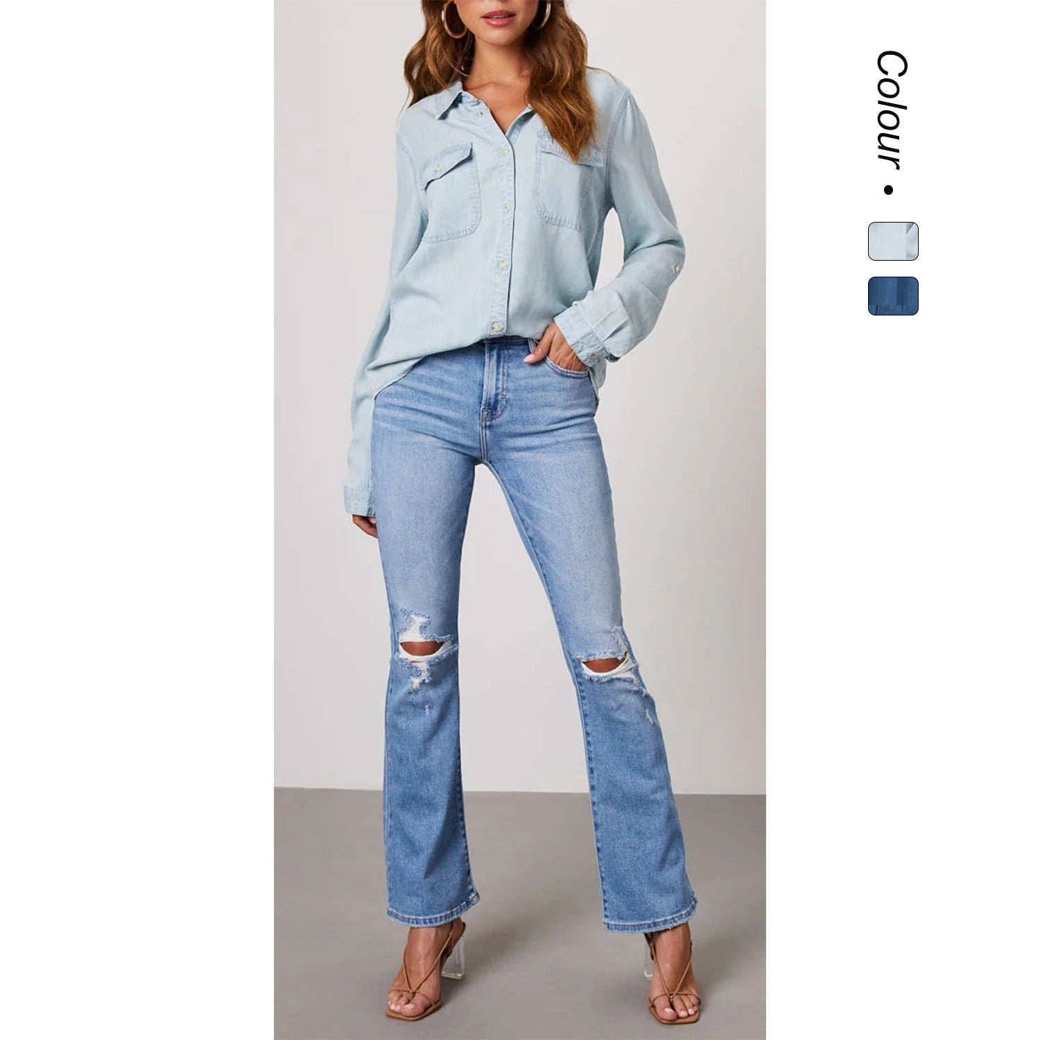 Damen Denim Hemd Umschlagbare Ärmel Zwei Taschen Modern - BerlinGlamour