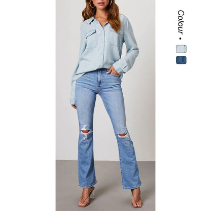 Damen Denim Hemd Umschlagbare Ärmel Zwei Taschen Modern - BerlinGlamour