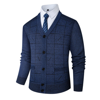Herren Strickjacke V-Ausschnitt Modern Karomuster Grau