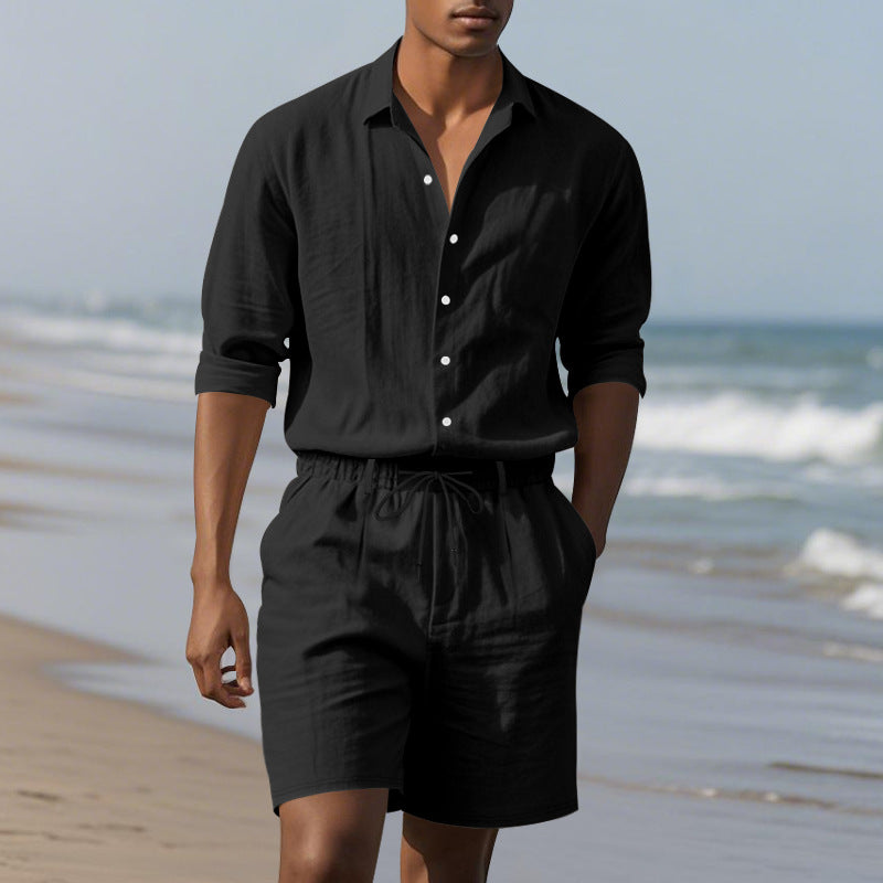 Herren Leinenhemd mit Henley Kragen und Brusttasche Sommer