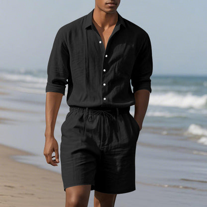 Herren Leinenhemd mit Henley Kragen und Brusttasche Sommer