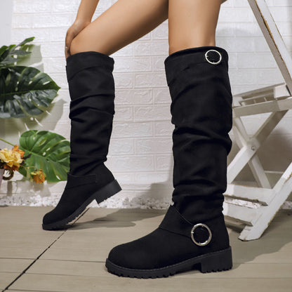 Damen Stiefel Hoch mit Rüschen Design und Riemen Schwarz