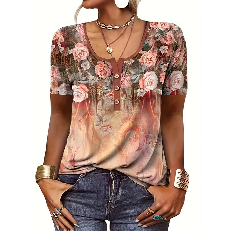 Bluse Damen Floralmuster Knopf Oberteil Modern