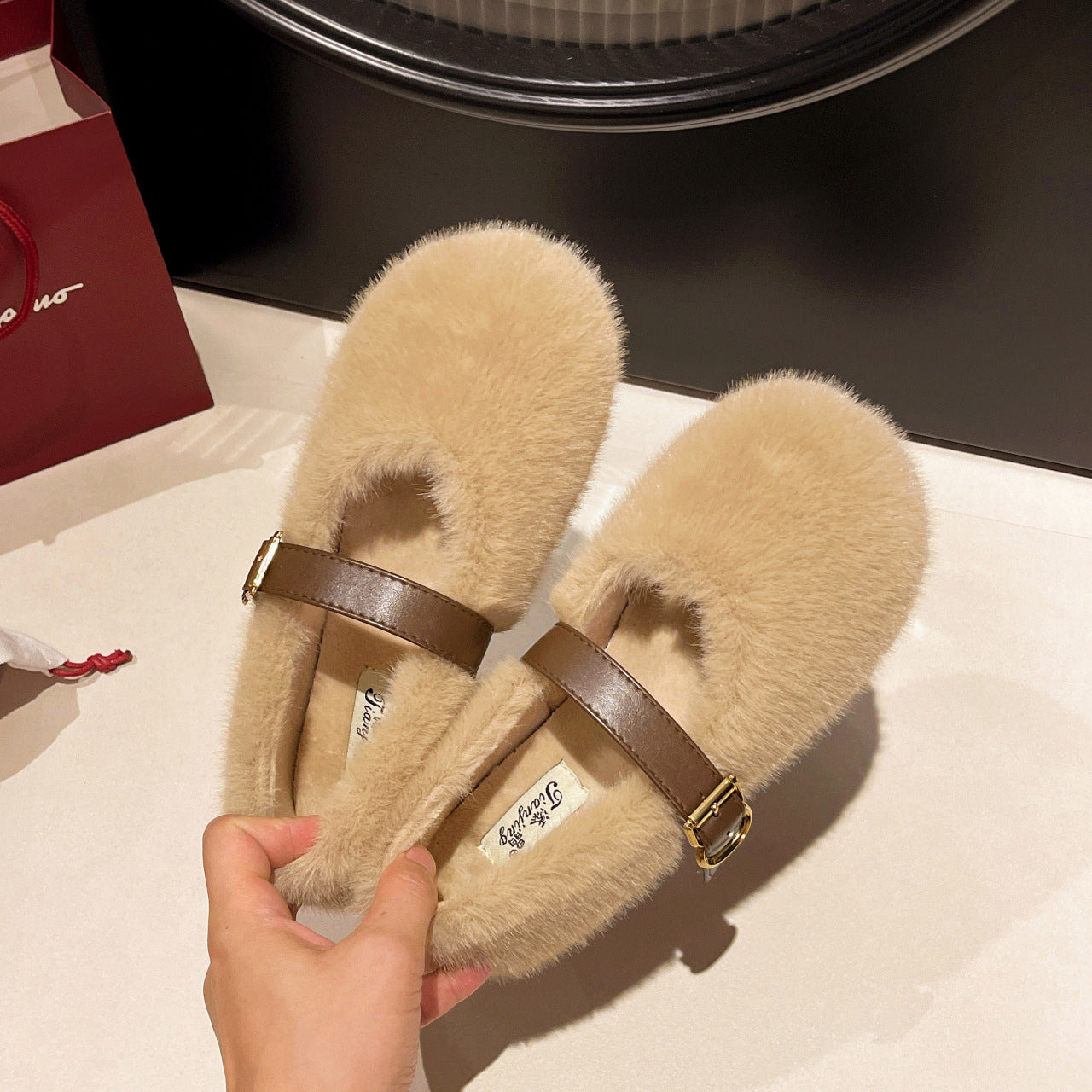 Damen Hausschuhe Flauschig Schnallenverschluss Elegante Winter