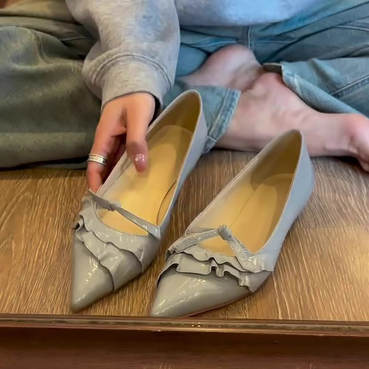 Damen Ballerinas Spitze Lack Schuhe Mit Rüschendetail Elegant