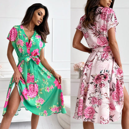 Damen Wickelkleid Blumenmuster Taillengürtel Elegant - BerlinGlamour