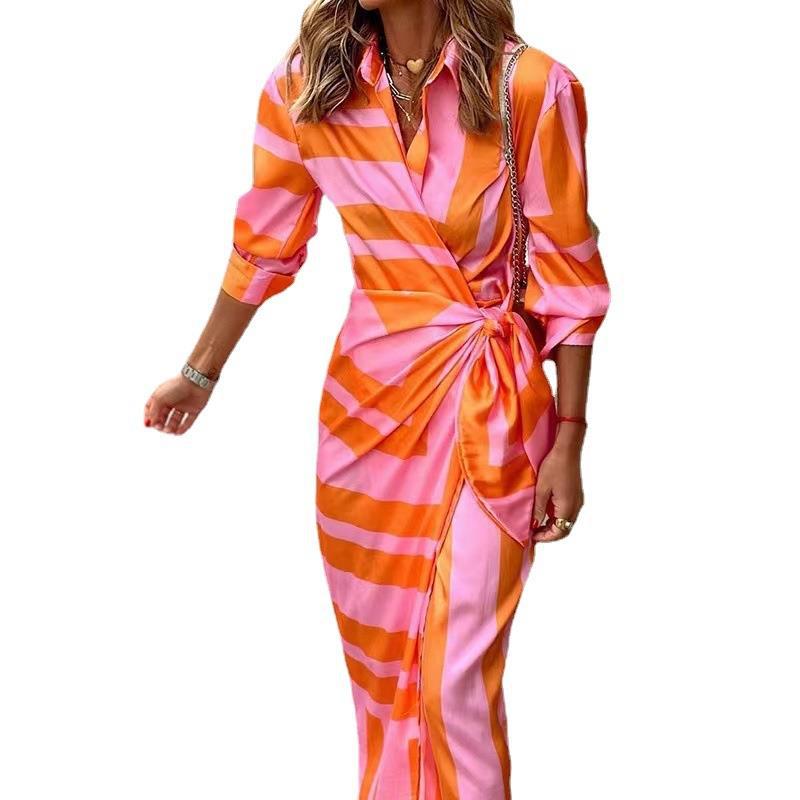 Damen Maxikleid Lang Asymmetrisch Streifen Modern
