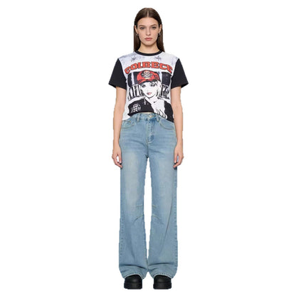 Damen Jeanshose Weit Bequem Mit Nähdetails