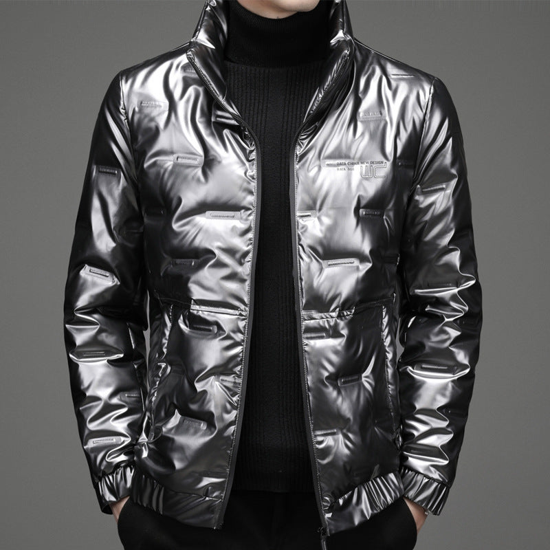Herren Steppjacke Glänzend Hochschließend Schwarz