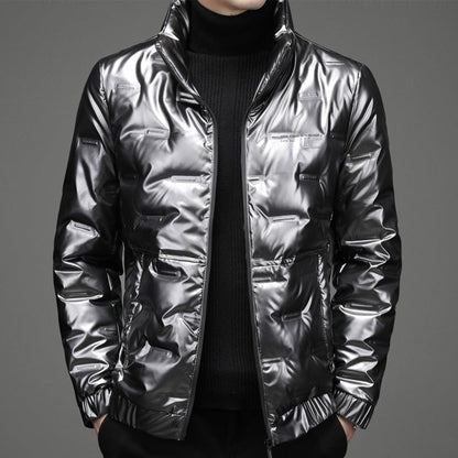 Herren Steppjacke Glänzend Hochschließend Schwarz