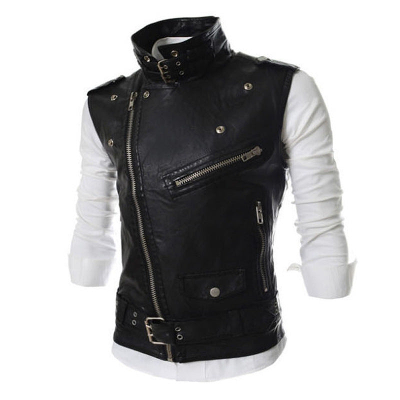 Lederjacke Herren Biker Weste Asymmetrisch Reißverschluss