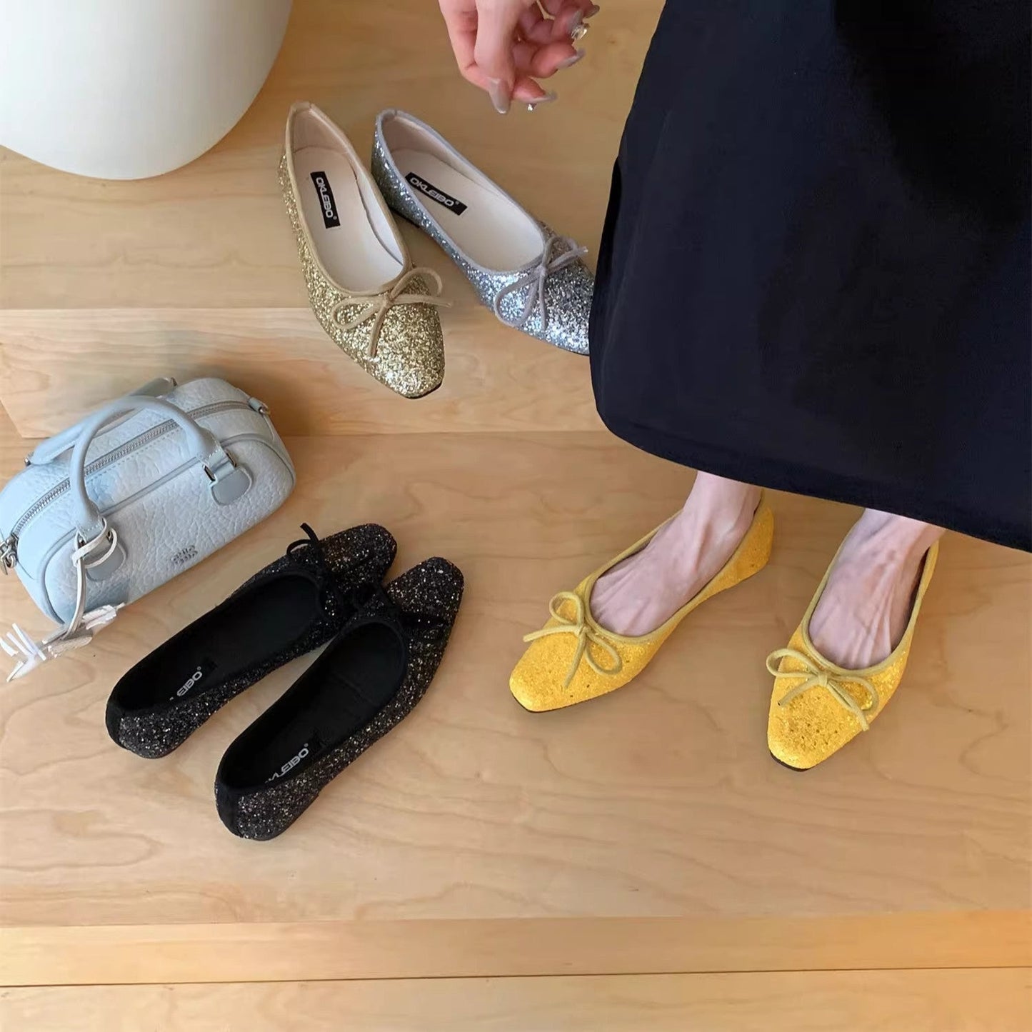 Damen Ballerinas Glitzer Schleife Komfort Innensohle