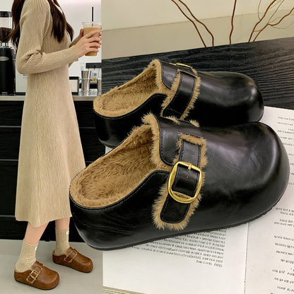 Damen Clogs Fellfutter Warme Schnalle Schuhe - BerlinGlamour