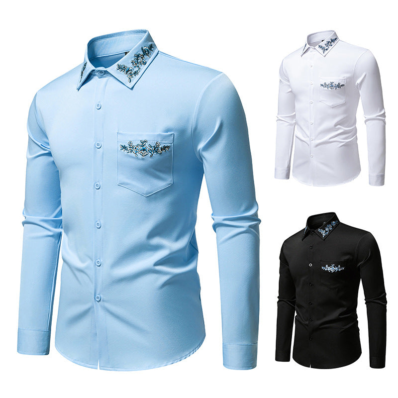 Herren Hemd Langarm mit Blumenstickerei Modern