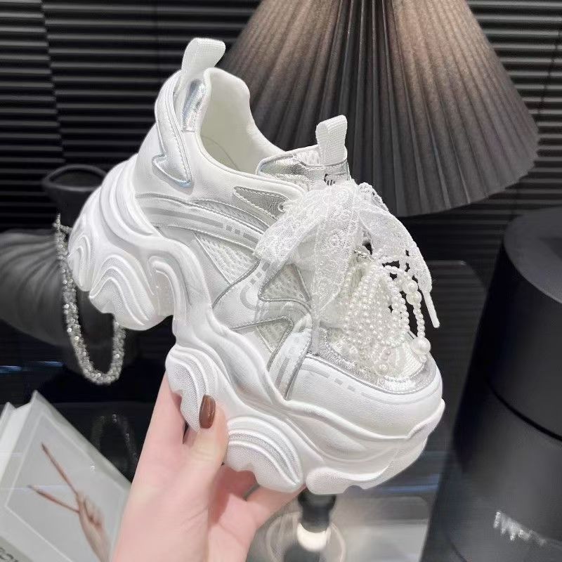 Damen Sneaker Perlen Mesh Oberfläche Modisch