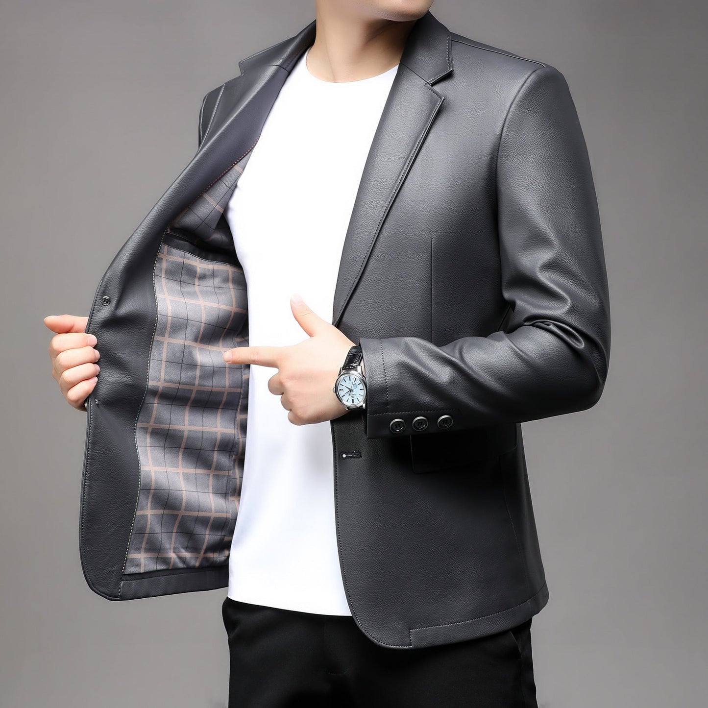 Herren Blazer Kunstleder Elegant Klassisch Schwarz - BerlinGlamour