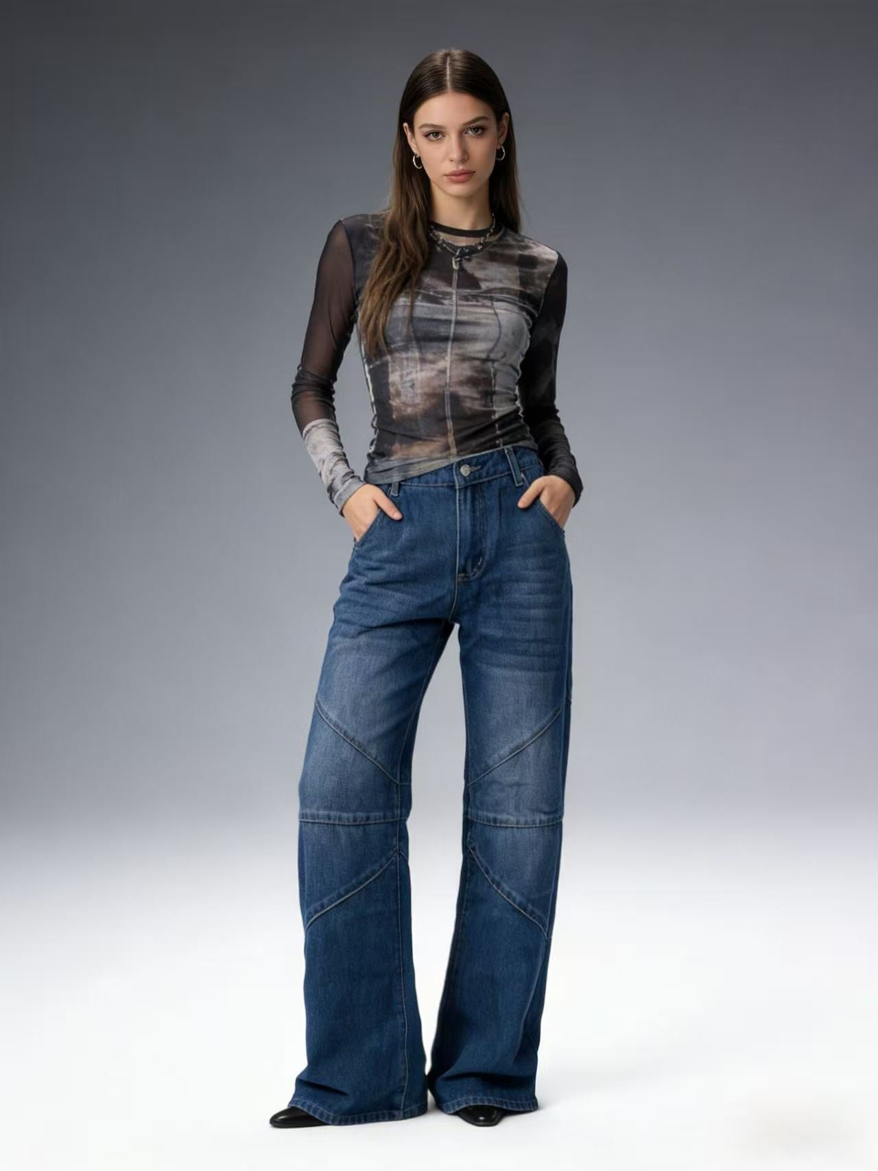 Damen Jeanshose Weite Bein Asymmetrisch Schnitt