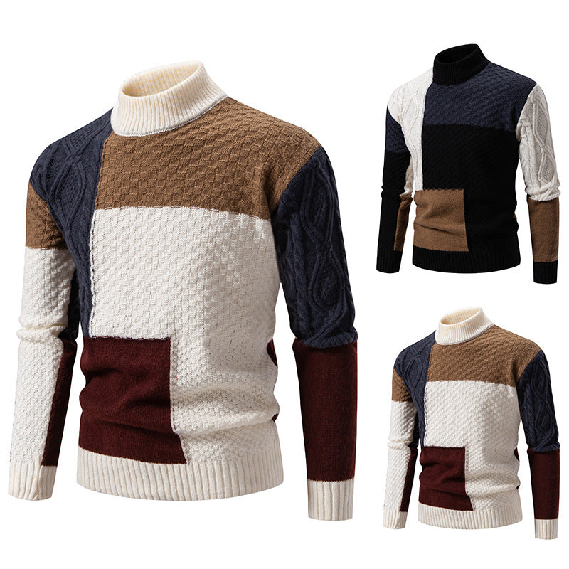 Herren Rollkragenpullover Modern Zopfmuster Farbblock Design - BerlinGlamour