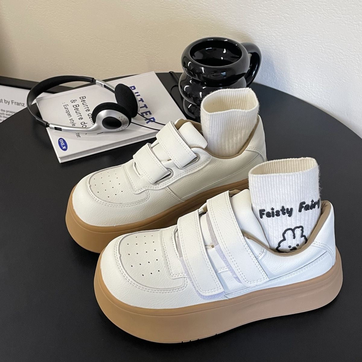 Damen Sneaker Komfortabel mit Klettverschluss Stylisch Schwarz