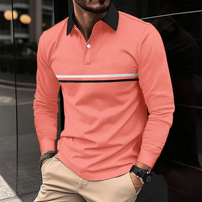 Herren Langarm-Polo Sportlich Kontrastkragen Modern