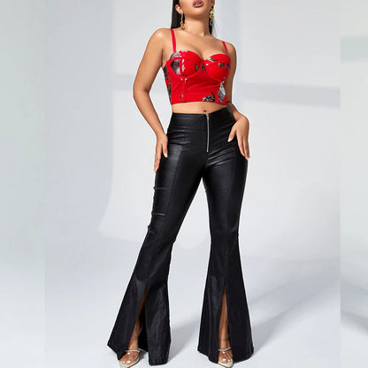 Damen Ledermodehose Schlitze Seitenlänge Schwarz