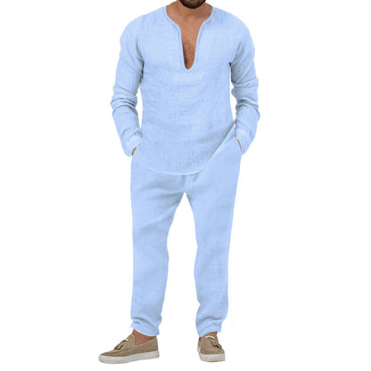 Herren Leinenanzug Set Elegantes Loungewear Stehkragen Modern