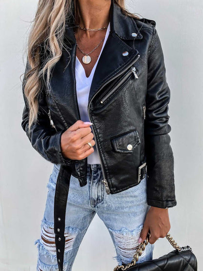 Kurzer Lederjacke Reißverschluss Ledermantel Damen