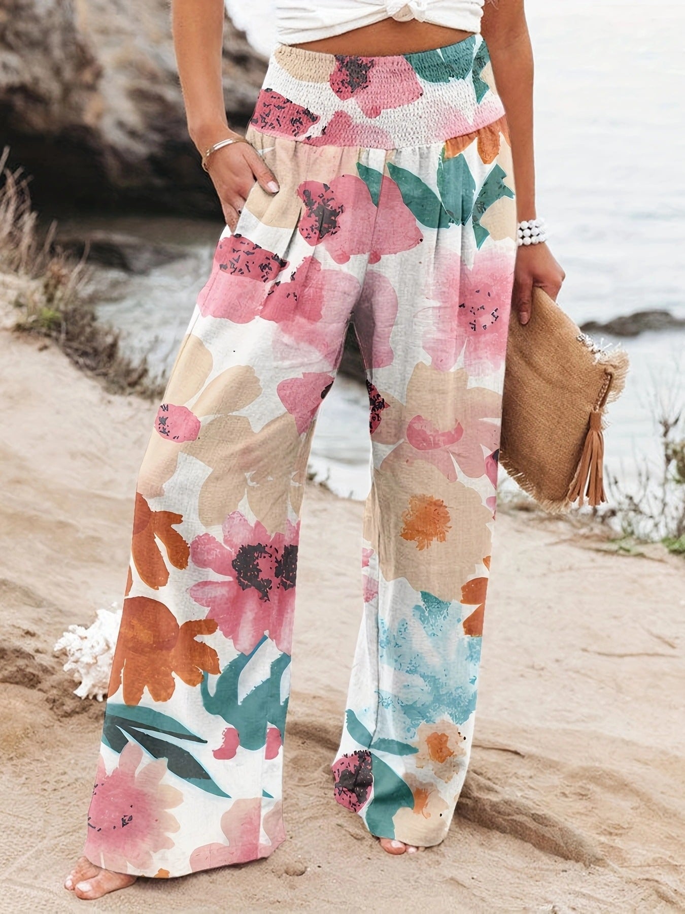 Damen Strandhose Weit Bequem Elastisch Floral