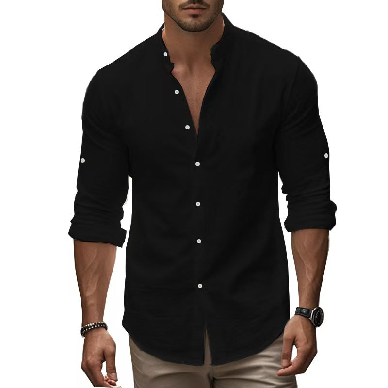 Herren Leinenhemd Langarm Mandarin Kragen Elegant