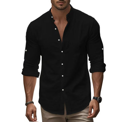 Herren Leinenhemd Langarm Mandarin Kragen Elegant