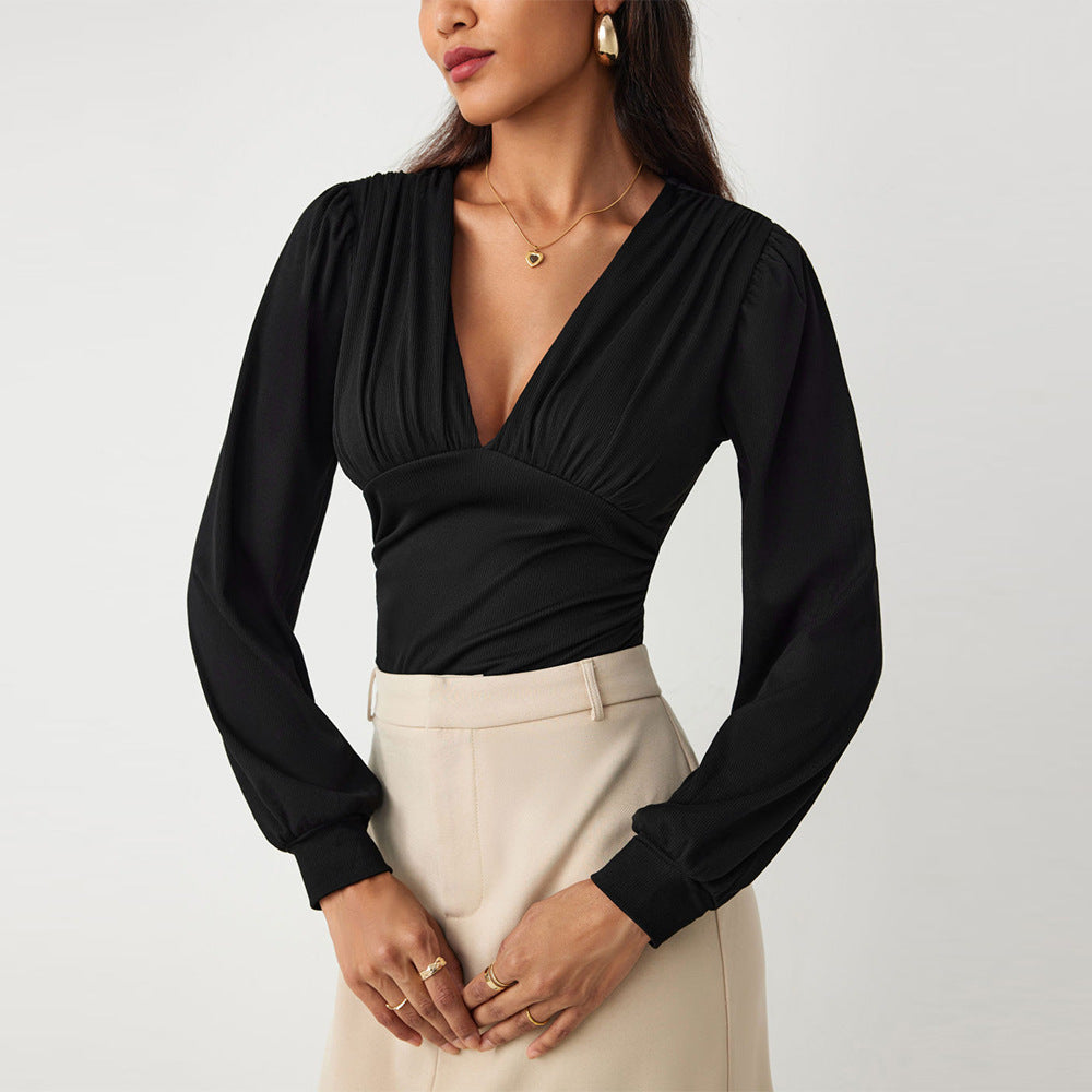 Damen Bodysuit Elegantes Design mit Puffärmeln und Tiefem Dekolleté