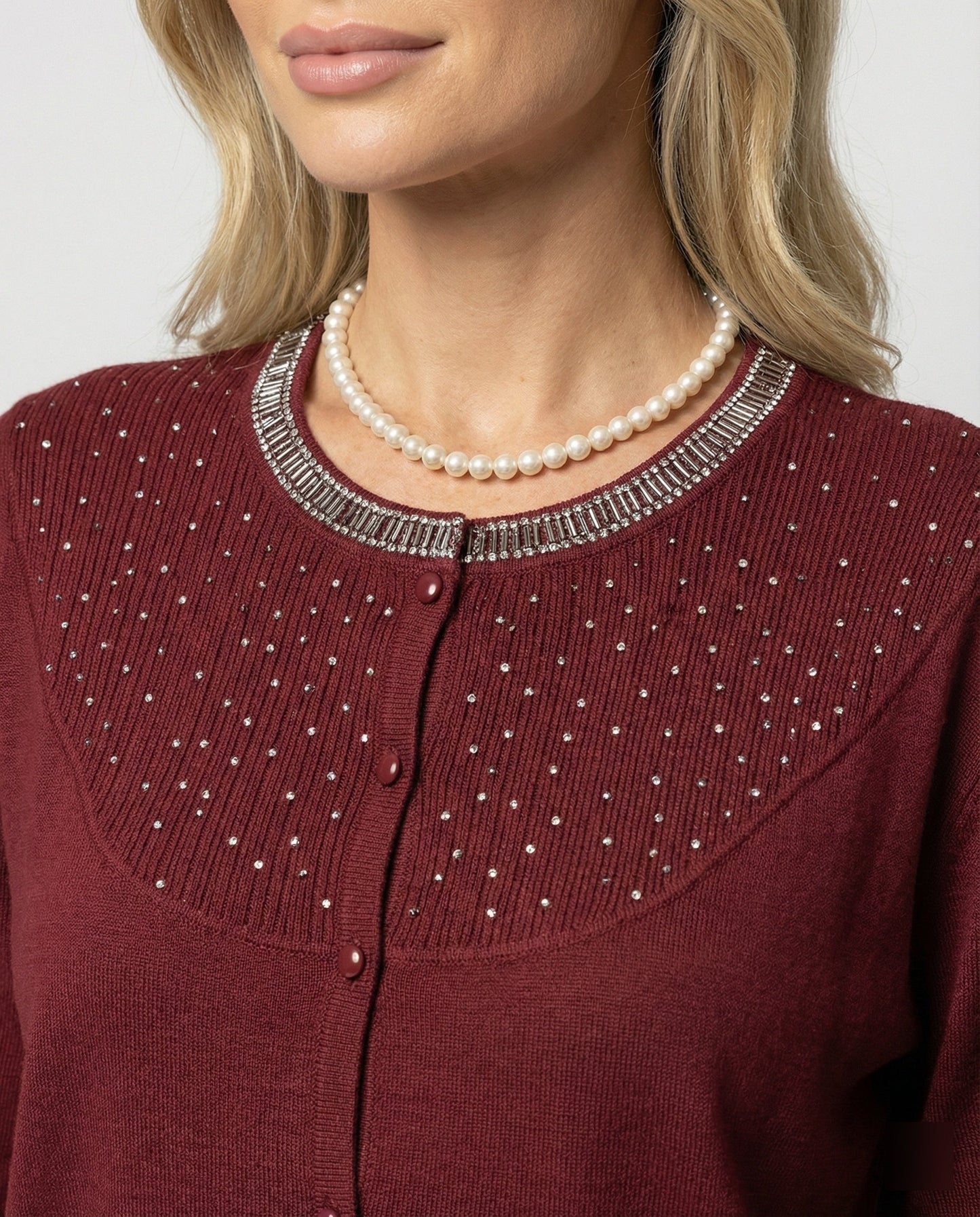 Damen Bluse mit Satin Ärmeln und Perlendekor Elegant
