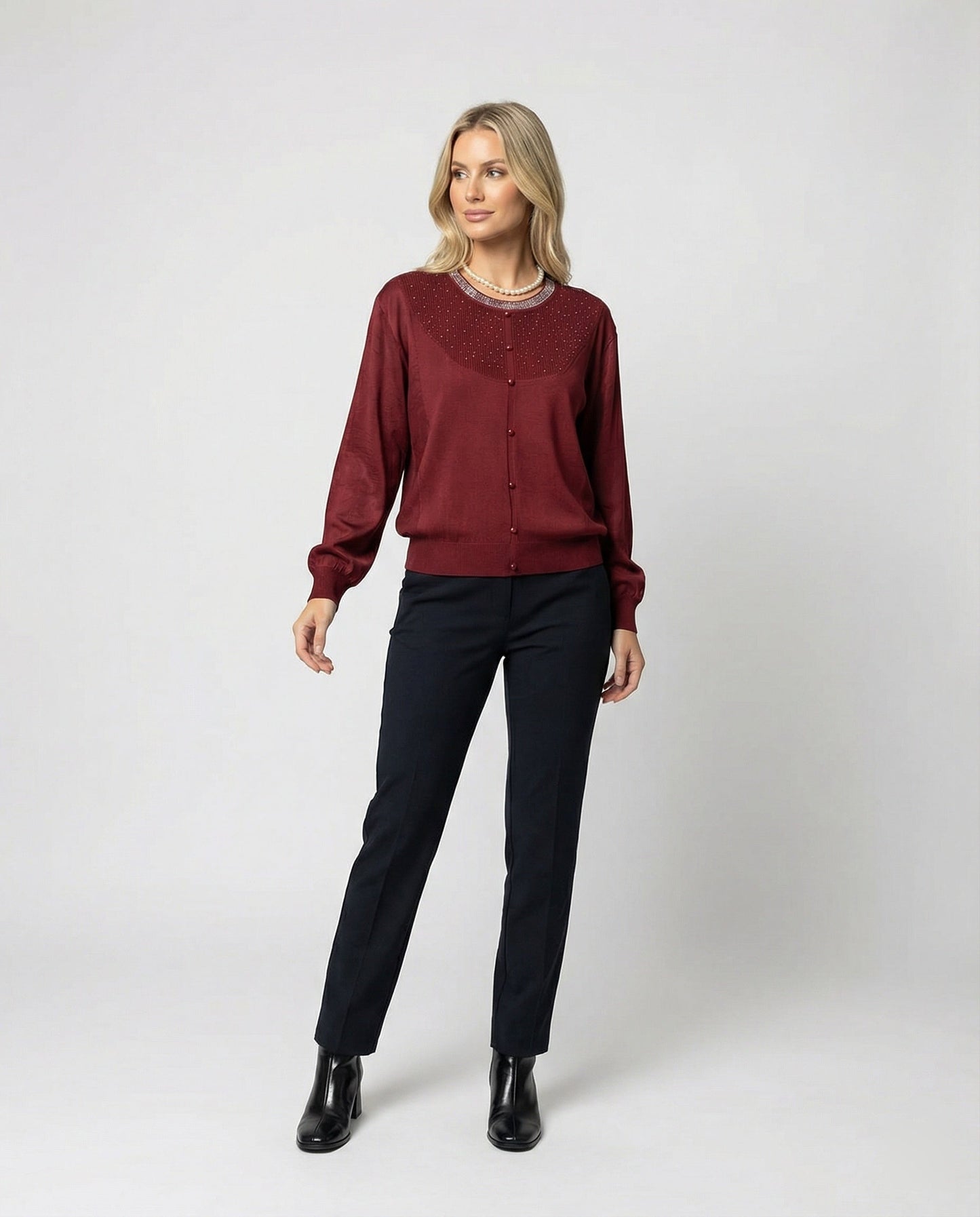 Damen Bluse mit Satin Ärmeln und Perlendekor Elegant