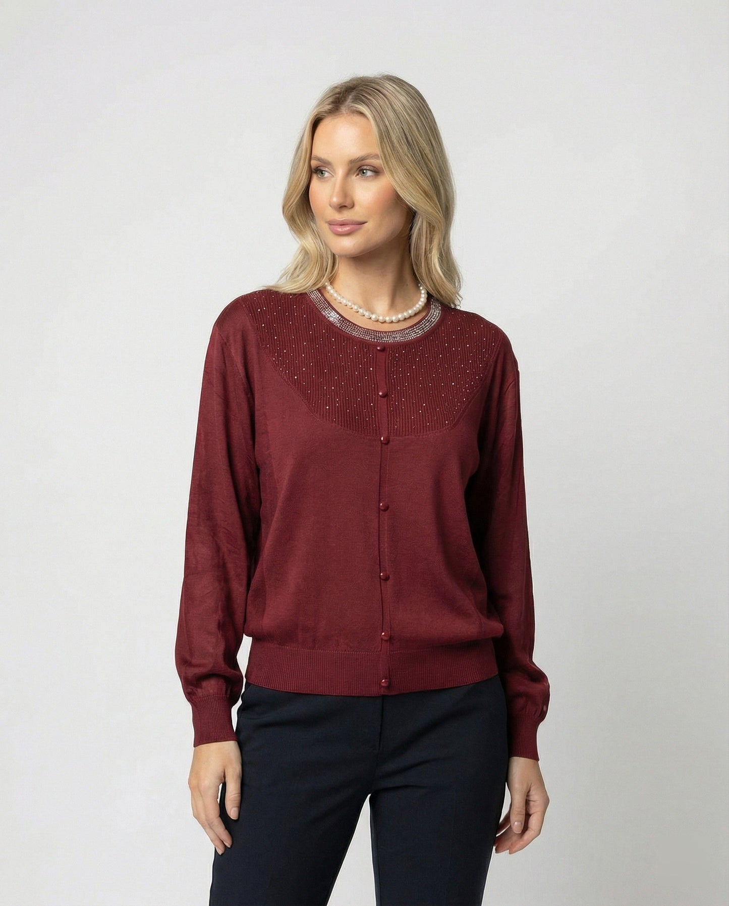 Damen Bluse mit Satin Ärmeln und Perlendekor Elegant - BerlinGlamour