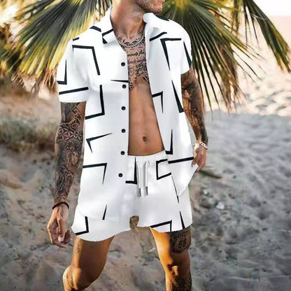 Herren Sommer Outfit Grafik Hemd Shorts Set Kurzarm Modern