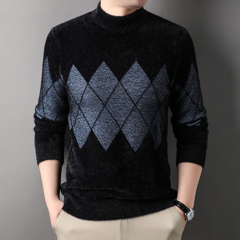 Herren Rollkragenpullover Modern Rautenmuster Elegent Schwarz