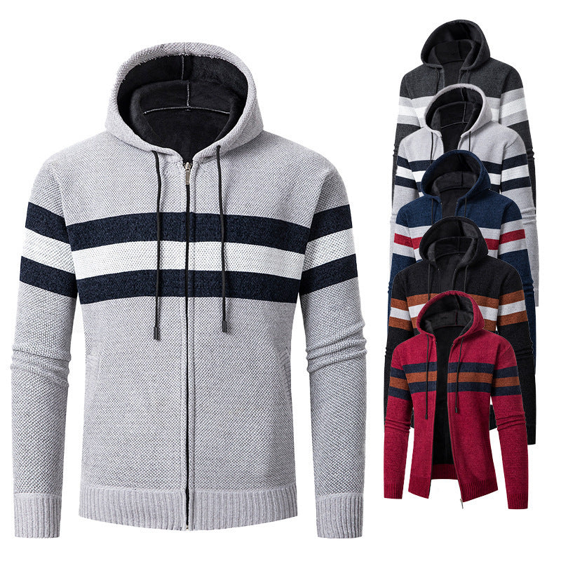 Herren Strickjacke Lässig Mit Kapuze Kontraststreifen Modern - BerlinGlamour