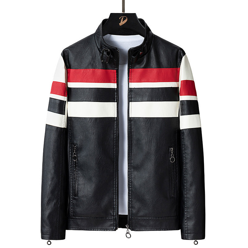Herren Lederjacke Sportlich Mit Kontraststreifen