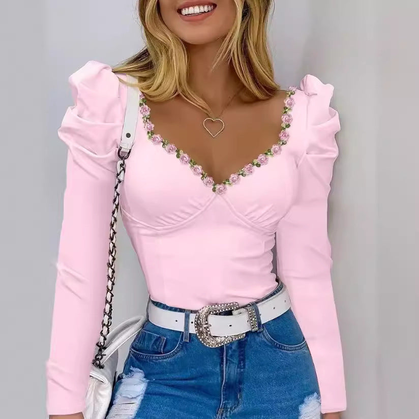 Damen Oberteil Puffärmel Floralmuster Chic